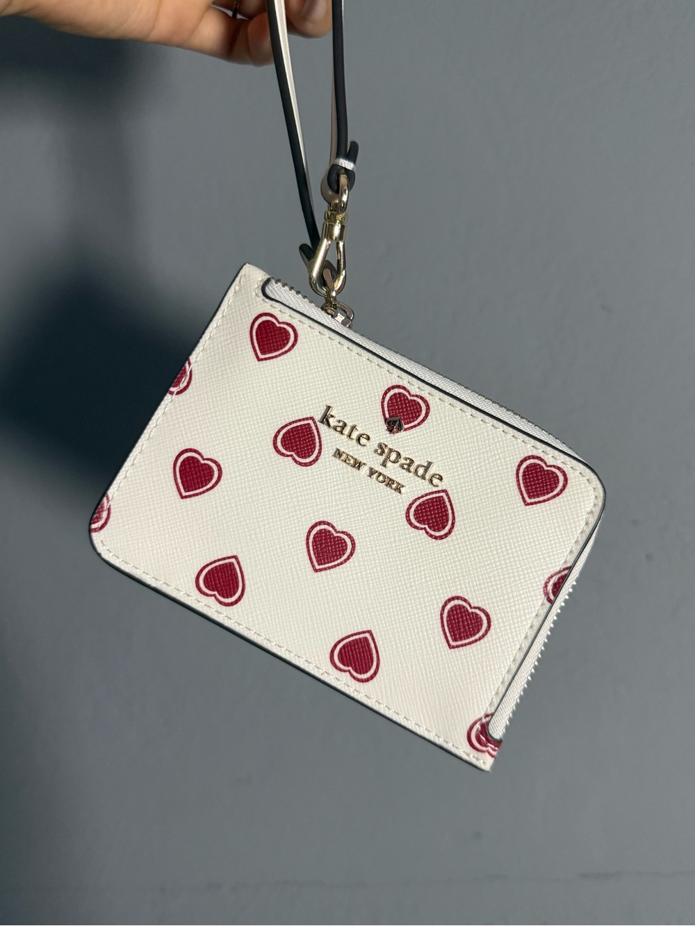 kate spade White Wristlet Wallet with Red Heart Print